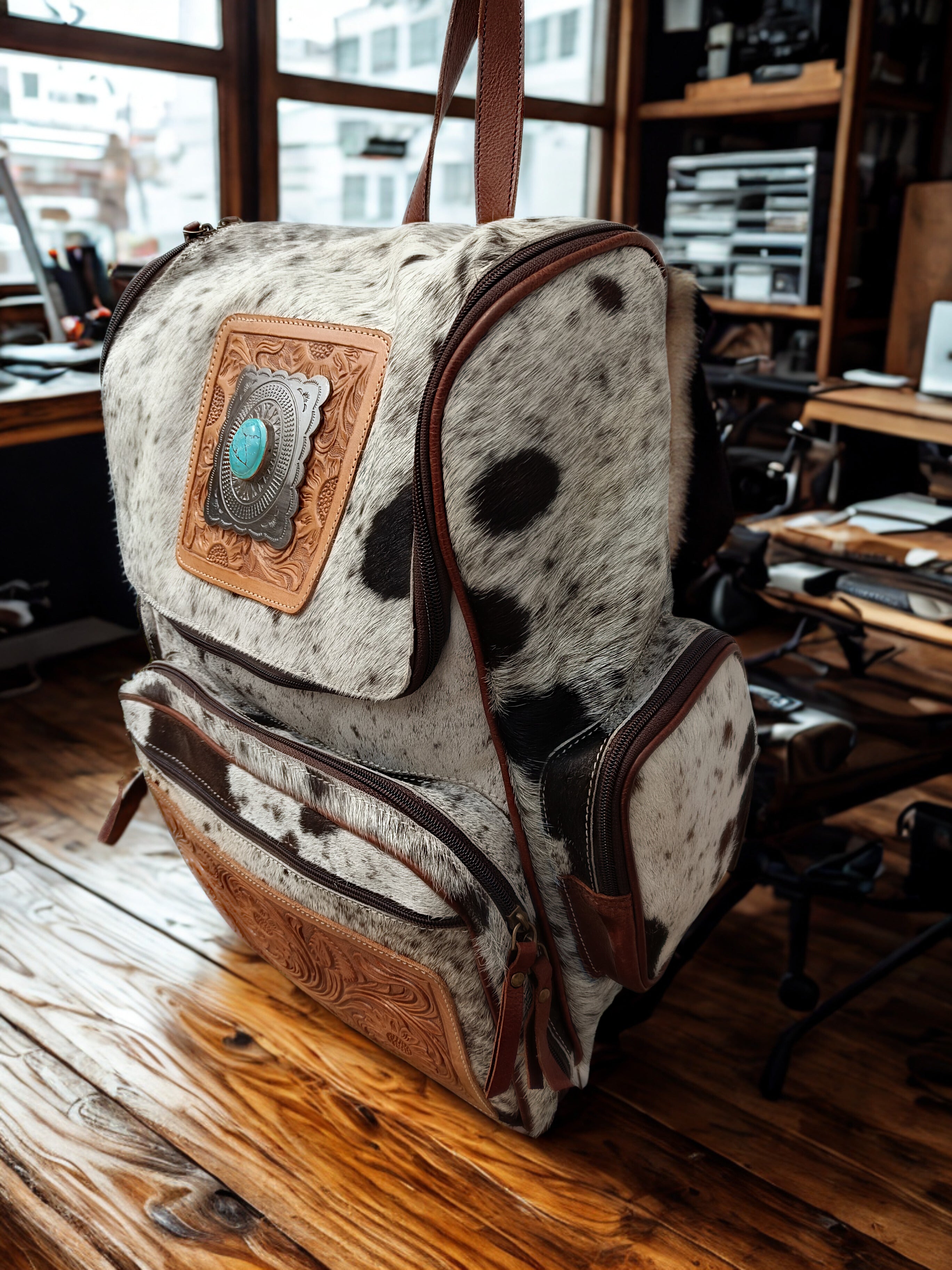 Western Tooled Cowhide Leather Backpack with Turquoise